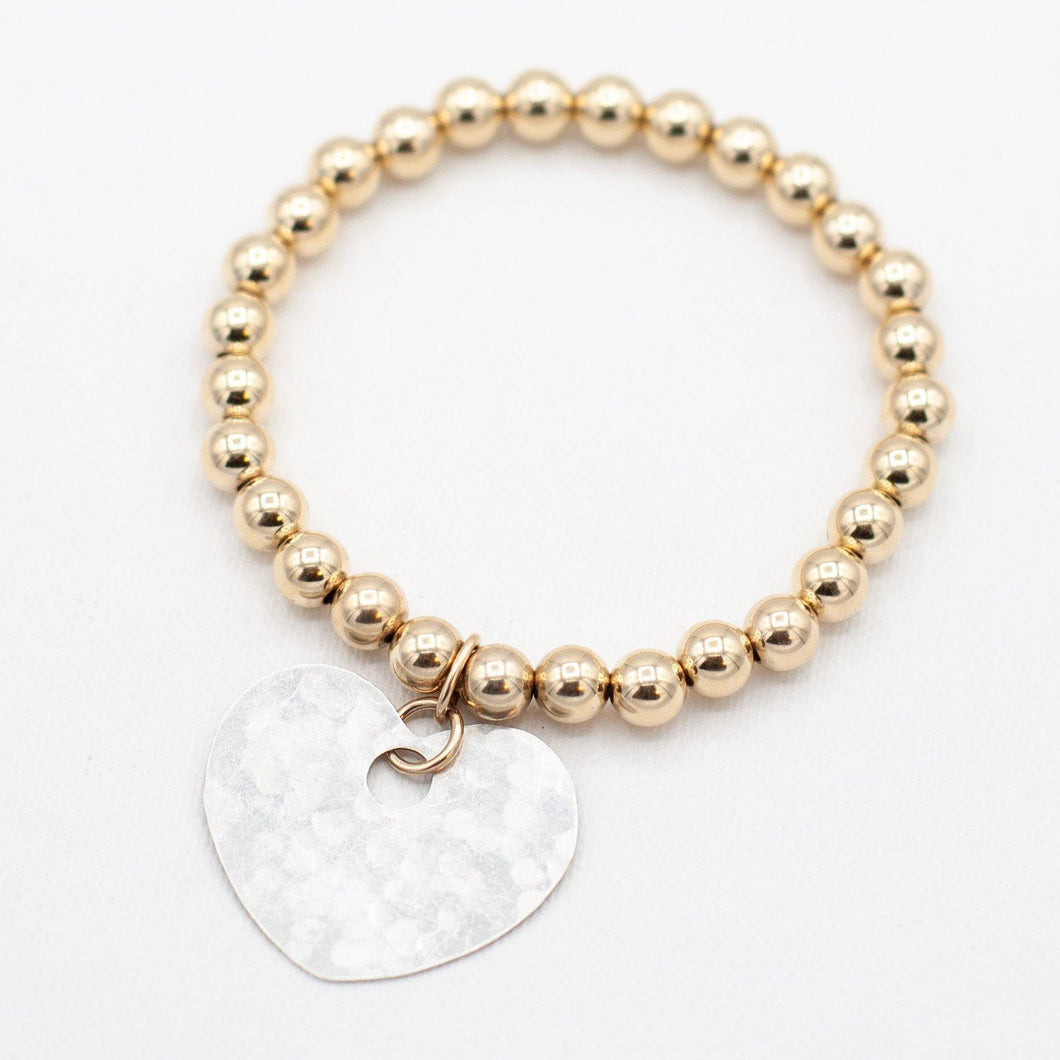 Goldfill 4mm Beaded Bracelet with Large Hammered Heart
